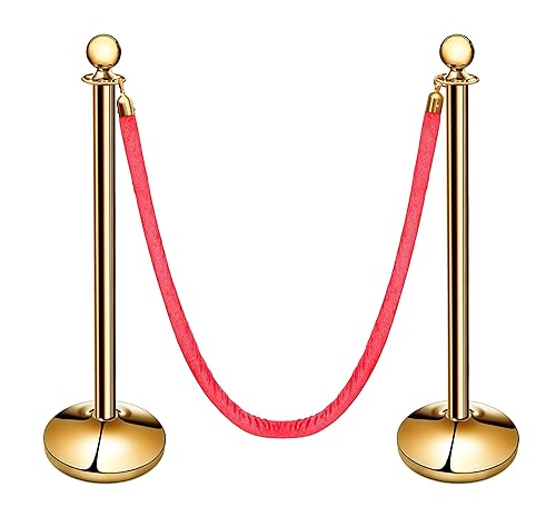 New Star Foodservice 535634 Round Top Brass Plated Stanchions, Set of 2 Posts with 1 of 79.5-Inch Red Velvet Rope - Poueer