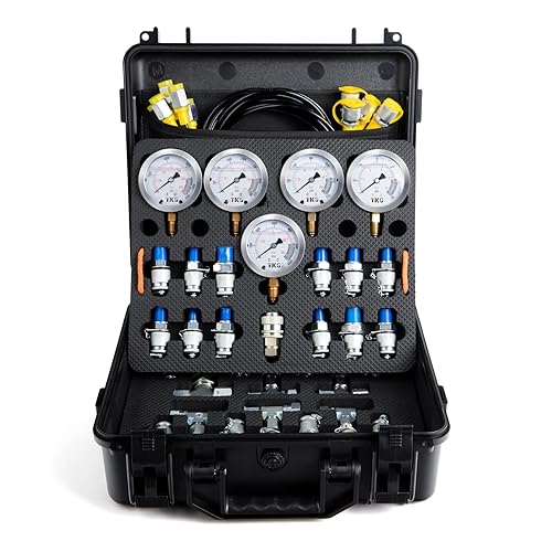 Hydraulic Pressure Test Kit，600bar /8700psi / 60mpa 5 Gauges 14 Tee Connectors 13 Test Couplings 5 Test Hoses, Hydraulic Gauge Kit Sturdy Carrying Case - Poueer