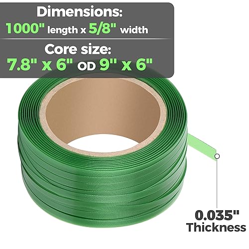 Heavy Duty Packaging Strapping Banding Roll - Green Polyester PET Industrial-Grade, 1000' x 5/8' x 0.035' Pallet Strap Coil - 1400 lbs Break Strength, Rust-Resistant with Self Dispensing Box Kit - Poueer