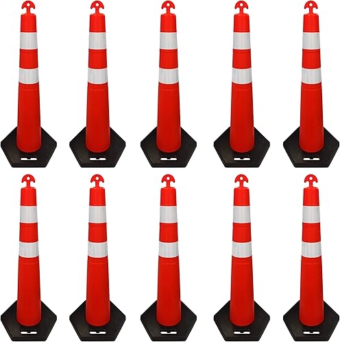 Electriduct 42' T-Top Traffic Channelizer Cones Stackable Safety Polyethylene Delineator Post with Base MUTCD - Pack of 6 - Poueer