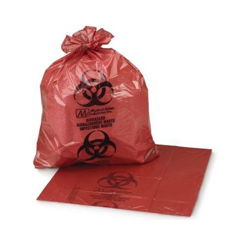 108M Biohazardous Waste Bag, Star Seal, Coreless Roll, Red/Black, 1.20 mil Gauge, 12 Gallon-16 Gallon Capacity, 25' Width, 34' Length, Pack of 250 - Poueer