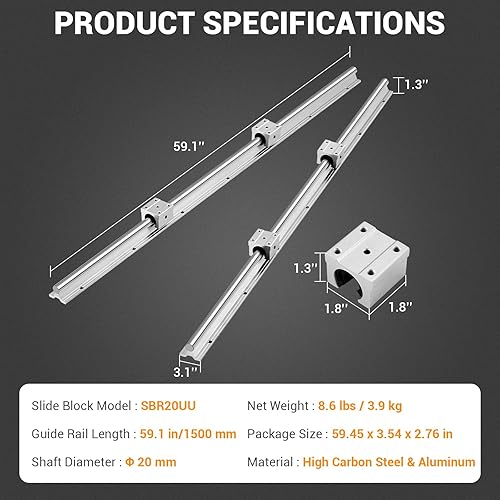 Linear Rail Slide SBR20-1500mm (2 PCS) and 4 PCS 4SBR20UU Bearing Blocks, Linear Bearing CNC Kit for Automated Machines DIY Project and Equipment - Poueer