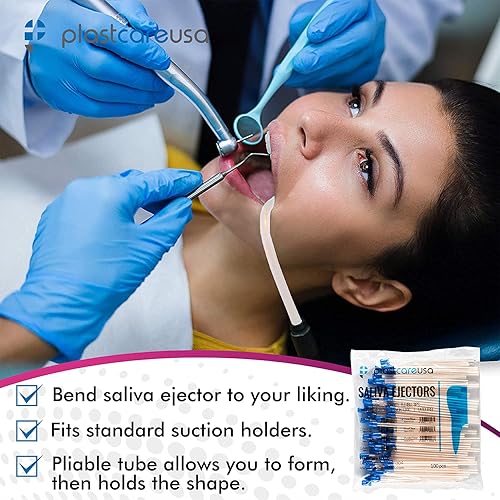 1000 Dental Saliva Ejectors Disposable - Medical Grade Latex Free Evacuation Suction Tips - Flexible Clear Tube with Blue Tip (10 Bags of 100) by PlastCare USA - Poueer