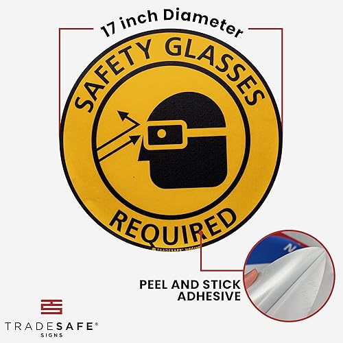 TRADESAFE Safety Glasses Required Anti-Slip Floor Sticker - Eye Protection Required Caution Sign, Peel and Stick Adhesive Vinyl Sign, ANSI-Compliant, 17” Diameter Round Sticker - Poueer