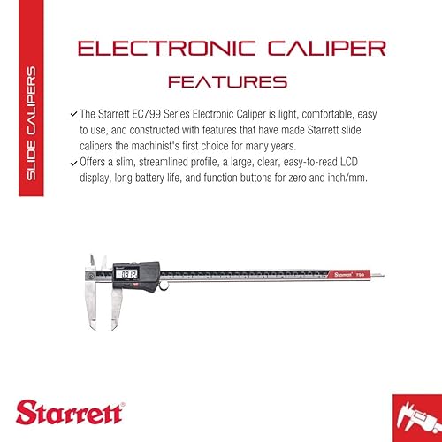 Starrett Stainless Steel Electronic Slide Caliper - 0-12' Range, .0005' Resolution, LCD Display, Fine Adjustment Thumb Wheel, in/mm Conversion - EC799A-12/300 - Poueer