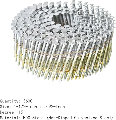 marddpair 1-3/4-Inch x .092-Inch Siding Nails 15-Degree Collated Wire Coil Full RoundHead Ring Shank Hot-Dipped Galvanized 3600 Count for Rough Nailing of Lathing and Sheathing Materials - Poueer
