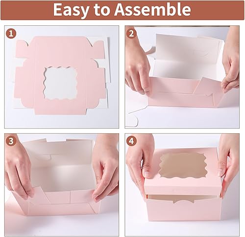 100 pcs 6x6x3 Inches Small Cake Box with Window, Bakery Pastry Cookie Boxes, Mini Pie for Pastry,Dessert,Strawberries,Chocolates, Cupcakes with paper stickers (Brown) - Poueer
