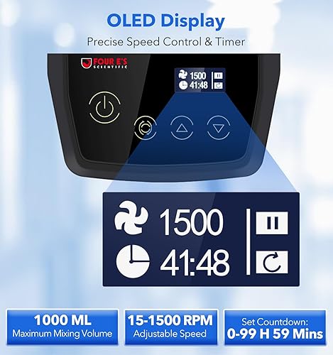 FOUR E'S SCIENTIFIC Ultra-Flat Magnetic Stirrer, Mini Magnetic Mixer Stir Plate Lab Stirrers 50-1500RPM | NO Heating | OLED Display | Max. Stirring Capacity: 1000mL (Black) - Poueer