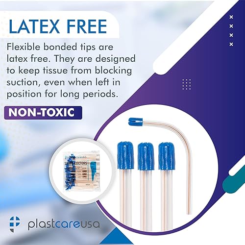 1000 Dental Saliva Ejectors Disposable - Medical Grade Latex Free Evacuation Suction Tips - Flexible Clear Tube with Blue Tip (10 Bags of 100) by PlastCare USA - Poueer