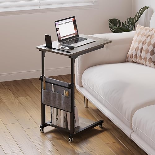 Adjustable Height Overbed Table, Sofa Side Bedside C Table with Wheels, Hospital Bed Table Rolling Tray with Storage, Mobile Computer Desk Laptop Table for Home Use with Side Pocket - Poueer