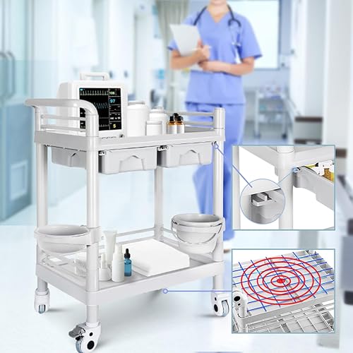 Mobile Medical Cart, 2 Tier Trolley 330 Lbs, with 2 Drawers Carts, Beauty Salon Rolling Trolley with Dirt Buckets, 360° Rotate Wheels, Heavy Duty Medical Utility Cart for Hospital Dental Clinic - Poueer