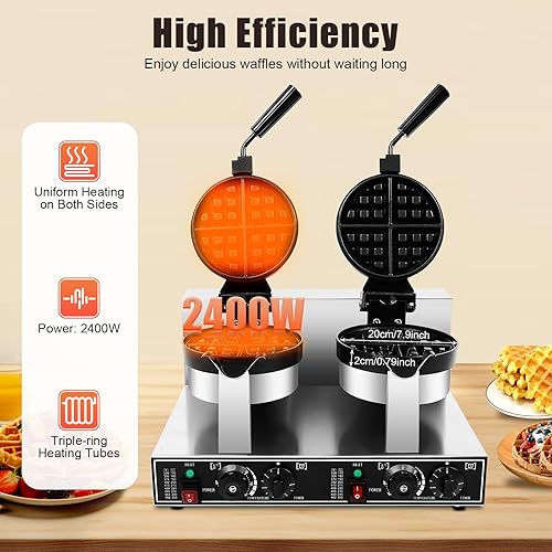Commercial Waffle Maker, 2400W Electric Professional Round Double Head Waffle Machine for Household Bakeries Snack Bar - Poueer