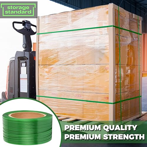 Heavy Duty Packaging Strapping Banding Roll - Green Polyester PET Industrial-Grade, 1000' x 5/8' x 0.035' Pallet Strap Coil - 1400 lbs Break Strength, Rust-Resistant with Self Dispensing Box Kit - Poueer
