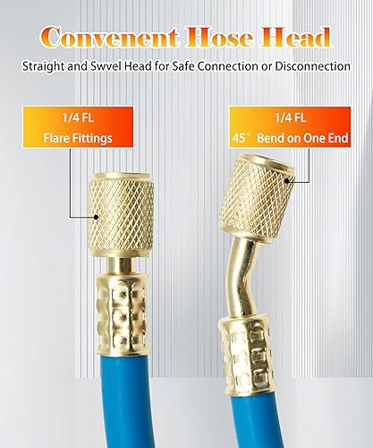 New Upgrade 29985 Plus II Manifold Hose Set,72' Standard 1/4' FL to 1/4' Low Loss Hvac Hoses Compatible with R410A and All Common Refrigerants-800 PSI Working Pressure(3 Pack) - Poueer