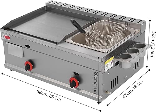 Gas Griddle, 6L/1.59Gal Stainless Steel Griddle & Deep Fryer Combo Gas Deep Fryer Gas Grill Griddle with Oil Draining Basket, Lid & 3 Spice Boxes, Commercial Griddle with Fryer for RV, Camping - Poueer