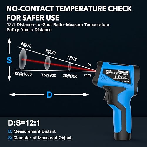 Infrared Thermometer Temperature Gun - TEMIRUP Non-Contact Digital Laser Thermometer Temp Gun with Thermocouple Probe for Industrial, Cooking, Griddle, Engine, HVAC, Adjustable Emissivity,-40℉~1202℉ - Poueer