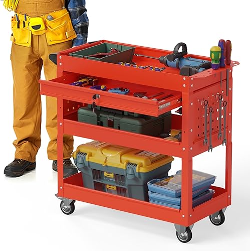 3 Tier Foldable Service Cart with Wheels, Rolling Collapsible Folding Utility Cart for Home, Office, Garage, and Warehouse (Red) - Poueer