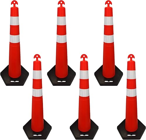 Electriduct 42' T-Top Traffic Channelizer Cones Stackable Safety Polyethylene Delineator Post with Base MUTCD - Pack of 6 - Poueer