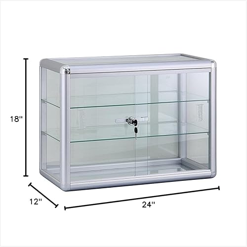 Black Aluminum Frame Tempered Glass Counter Top Display Showcase with Sliding Glass Door and Lock - Poueer