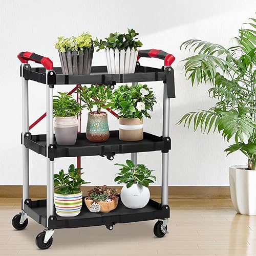 Foldable Utility Carts, 3-Tier Service Cart with Lockable Universal Wheels, Holds Folding Rolling Cart with Fixed Rope for Home, Office Garage and Warehouse No Assembly Require - Poueer