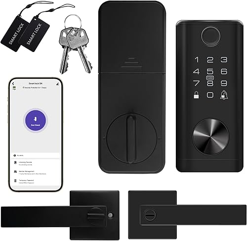 Fingerprint Smart Keypad WiFi keyless Entry Door Lock Set with Lever Handle, Electronic Biometric Front Digital Deadbolt TT Lock Set, Black - Poueer