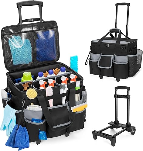 Large Rolling Cleaning Caddy with Detachable Trolley & Lid, Cleaning Cart on Wheels with Shoulder Strap & Handles, Cleaning Supplies Organizer with Multi Pockets for Cleaning Tools Storage - Poueer