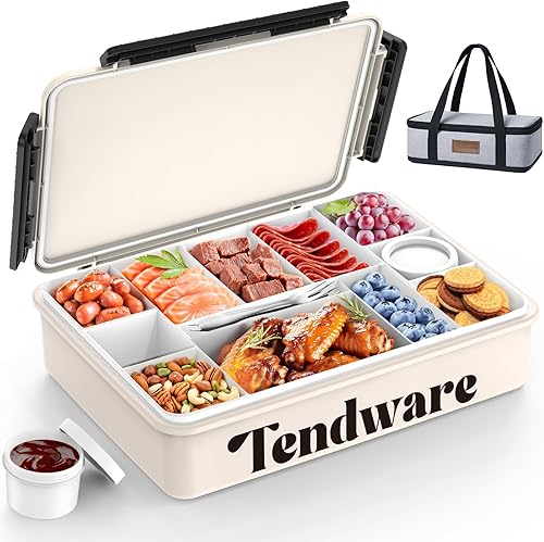 Chilled Divided Serving Tray Snackle Box Container with Ice Pack Bonus Insulated Bag 2 Dip Containers Summer Beach Essentials for Charcuterie Snack Road Trip Picnic Family Party Keep Food Fresh - Poueer