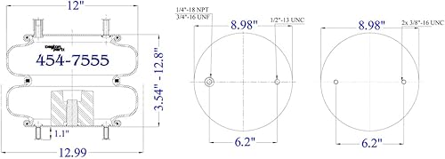 454-7555L Air Spring, Double Convoluted, 9' Top Plate Diameter, 9' Bottom Plate Diameter, Collapsed Height 3.54', Two Studs Top Plate, Two Studs Bottom Plate - Poueer