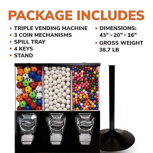 Vending Machine - Commercial Gumball and Candy Machine with Stand - Black Triple Vending Machine with Interchangeable Canisters - Coin Operated Candy Dispenser and Gumball Machine - Vending Dispenser - Poueer