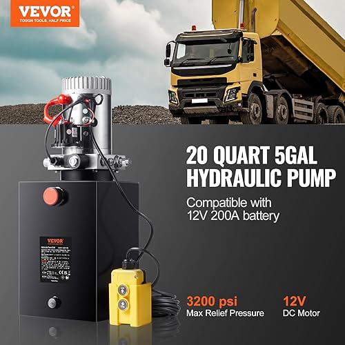 VEVOR DC 12 V Hydraulic Pump, Capacity Approx. 19 L Hydraulic Control Unit with Single Action, Oil Flow Approx. 3.44 L/min Maximum Pressure of 22 MPa, Pump for Hoist Car Truck Garage Trailer - Poueer
