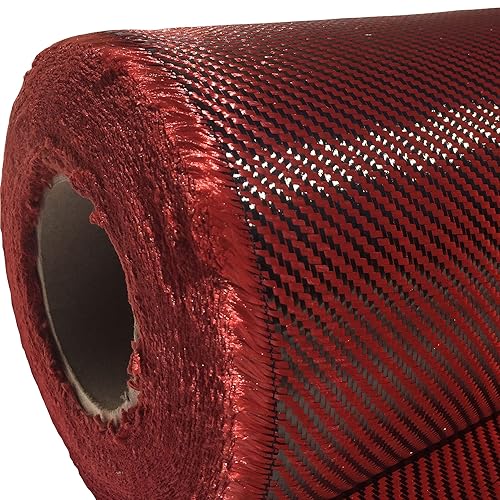 (1 ft -25 ft Rolls) KARBXON - 12 in - Carbon Fiber Aramid Fabric - RED - 3K - 240g/meter - Twill Weave - Advanced Cloth Fabric - Rolled 12” Wide Hemmed Fabric for Repair, Drones, RC & DIY Projects - Poueer