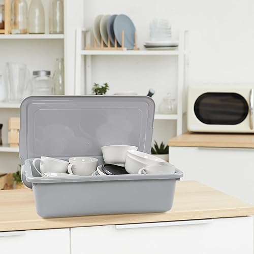 3-Pack 13 L Commercial Bus Tub Box, Plastic Restaurant Bus Tubs with Lids, Grey - Poueer