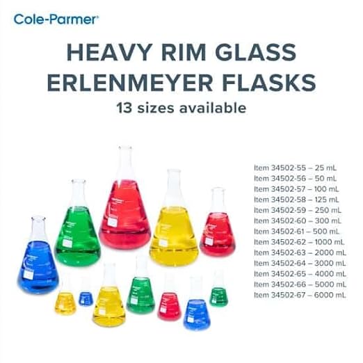 Cole-Parmer Glass Erlenmeyer Flasks, Graduated, Heavy Rim, 500 mL (16 oz); 8/Pk - Poueer