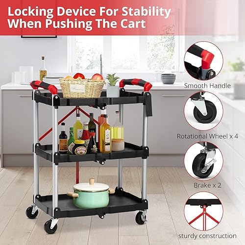 Foldable Utility Carts, 3-Tier Service Cart with Lockable Universal Wheels, Holds Folding Rolling Cart with Fixed Rope for Home, Office Garage and Warehouse No Assembly Require - Poueer