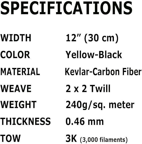 12 in - Carbon Fiber Aramid Fabric - Yellow - 3K - 240g/meter - Twill Weave Rolled 12” Wide Hemmed Fabric for Repair, Drones, RC & DIY Projects - Poueer