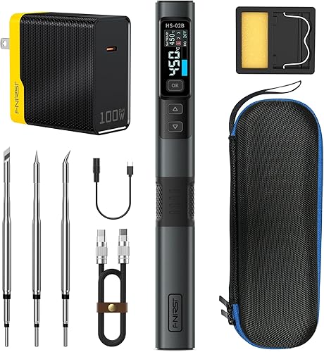 FNIRSI HS-02B 100W Portable Corded Soldering Iron Kit, 2S Fast Heating, 212-842℉, Pre-set 3 Groups Temperature, 3 210 Soldering Tips, Smart Digital Soldering Iron Pen for Electronics Precision Repair - Poueer