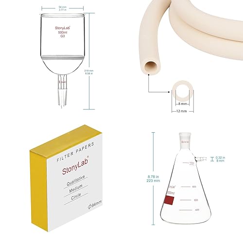 stonylab Buchner Funnel, Filter, Paper, and Kit Bundle, Borosilicate Glass Buchner Filtration Funnel and Filtering Flask with 24/40 Joint and Qualitative Filter Paper Circles and Vacuum Rubber Tubing - Poueer