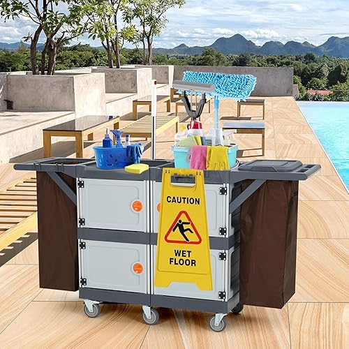 Commercial Janitorial Cart with 4 Cabinet, Hotel Cart Housekeeping Room Service Cart Hand Push Utility Cart with Wheels, Cleaning Cart with Wheels and Large Capacity Vinyl Bag, Housekeeping Carts - Poueer
