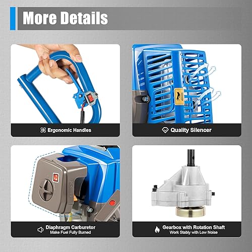 63CC 2-Stroke Gas Powered Earth Auger Post Hole Digger, 3HP Auger Post Hole Digger with 11.81' Drill, Earth Auger Gas Auger Fence Post Auger for Garden & Lawn Digging Planting Drilling (Blue) - Poueer