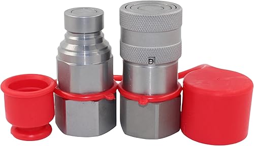1/2'' NPT Flat Face Hydraulic Quick Connect Coupling Set Skid Steer Loader Quick Disconnect Coupler with Dust Caps ISO12.5 - Poueer