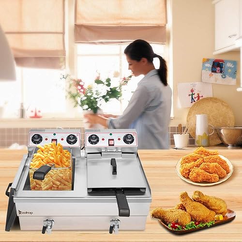 1700W Commercial Stainless Steel Deep Fryer 12.5QT with Oil Drain Faucet, 60-Min Timer & Thermostat Control - 8L Large Capacity for Restaurants/Home Use - Poueer