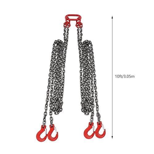 10FT Chain Sling Lift Chain 5/16 Inch Hoist Lifts G80 5T Load Capacity Lifting Chain Sling with 4 Leg Grab Hooks and Adjuster Used in Mining, Machinery, Ports, Building - Poueer