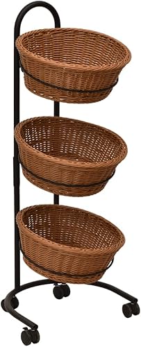 3 Tier Mobile Merchandiser with Round Plastic Wicker Baskets - 42 H Inches - Poueer