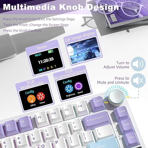 ATTACK SHARK X820ULTRA Wireless Gaming Mechanical Keyboard with TFT Smart Display&Knob,Side Printed PBT,Gasket Mounted 75% TKL Keyboard,BT5.0/2.4GHz/USB-C,RGB Backlit（White Contour,Shark Switch - Poueer