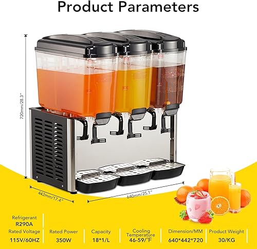 Commercial Beverage Dispenser, 1 Tank 4.8 Gal Stainless Steel Cold Drink Dispenser With 46°F-59°F Cooling Temperature, Large Cold Juice Dispenser for Home and Hospitality - Poueer