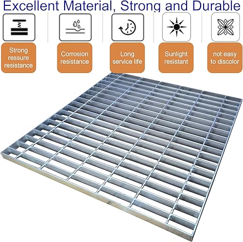 Galvanized Steel Drain Grate with Base, 16x16 Outdoor Drain Cover and Frame, B Class Sewer Grate with Lip, Durable Heavy Duty Channel Grate, Sliver Square Drainage Grate Driveway - Poueer