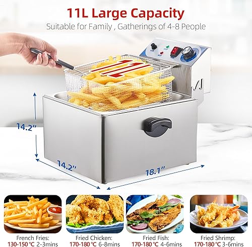 Garvee Commercial Deep Fryers, 11 L/10.45 Qts Detachable Extra Large with Temperature Control, Basket and Lid for Restaurants and Commercial Use(Stainless Steel, Sliver) - Poueer