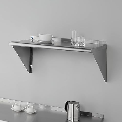 ROCKPOINT Stainless Steel Shelf 10 x 16 Inches 190lb, NSF Metal Commercial Shelves Wall Mount Floating Shelving with Backsplash for Restaurant, Kitchen, Home and Hotel, Silver - Poueer