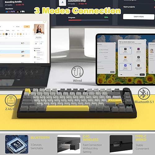 ATTACK SHARK X820ULTRA Wireless Gaming Mechanical Keyboard with TFT Smart Display&Knob,Side Printed PBT,Gasket Mounted 75% TKL Keyboard,BT5.0/2.4GHz/USB-C,RGB Backlit（White Contour,Shark Switch - Poueer