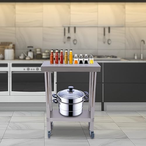 Heavy Duty Food Prep Worktable, 24 x 18 Inches Outdoor Commercial Table with 2-Stage Shelf Kitchen Stainless Steel Catering Table with 4 Wheels/Foot for Kitchens,Garage,Home,Outdoor (24*18-Foot) - Poueer